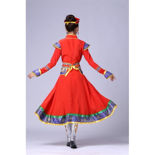 Red folk dance cosplay stage performance Dance clothes Costume Mongolian gowns dress Women clothing Mongolia robes clothes